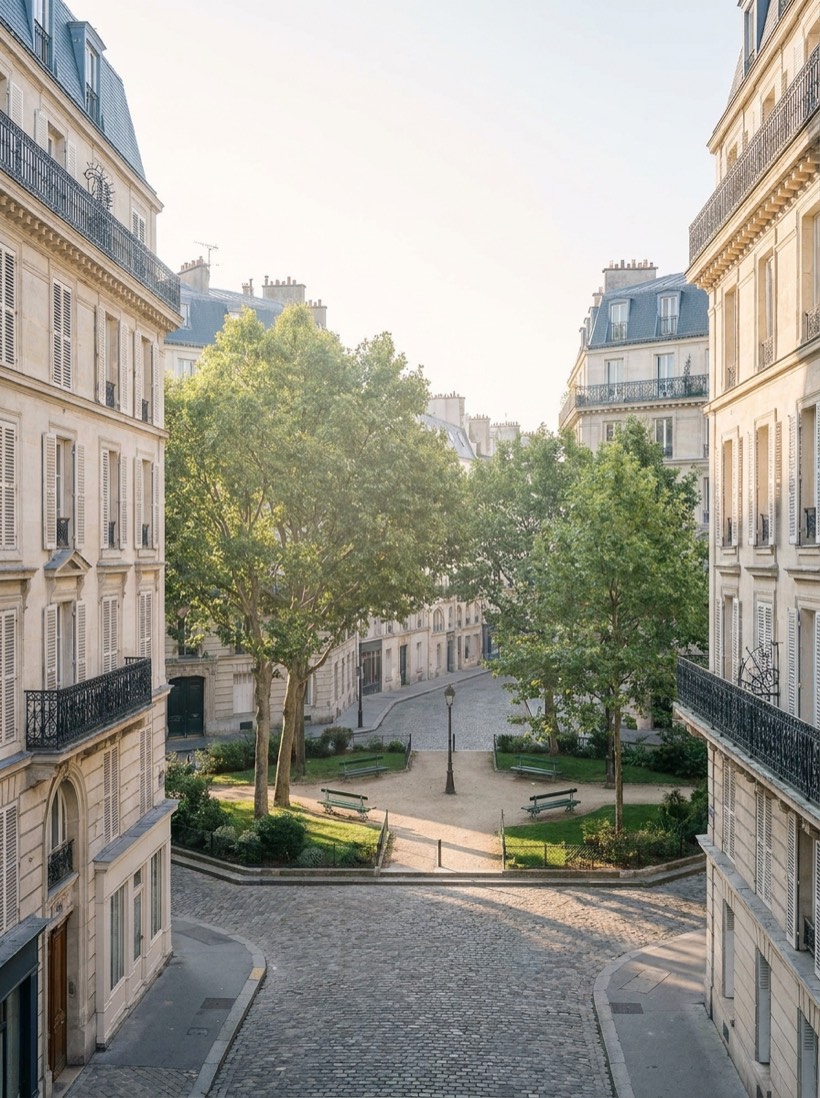 Place de village aux Batignolles, Paris 17ᵉ — arbres et façades calmes au matin