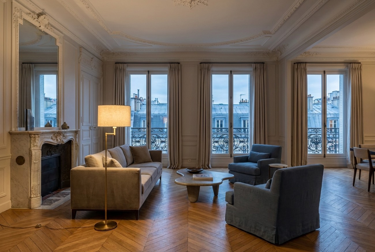 Salon d'un appartement haussmannien meublé Worknest à Paris — parquet en point de Hongrie, moulures et cheminée en marbre