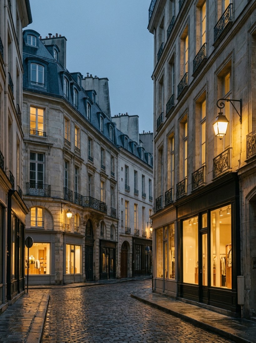 Rue historique du Marais à Paris en début de soirée — façades en pierre et pavés