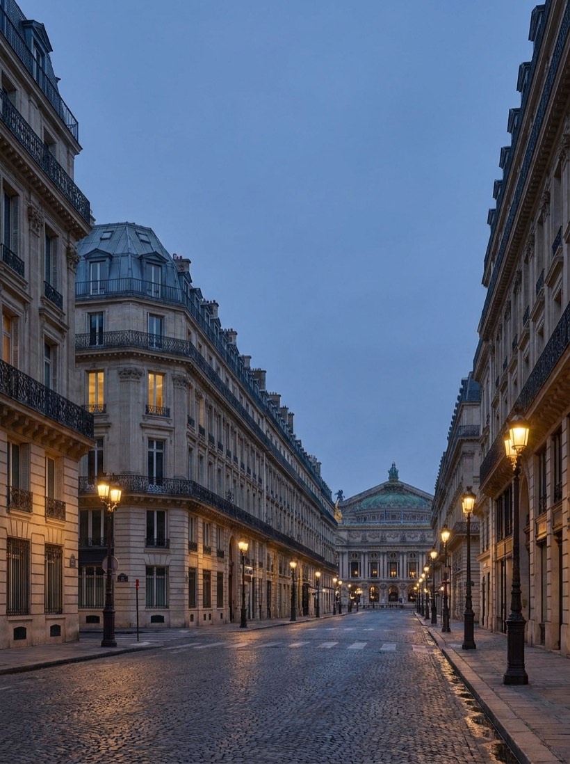 Perspective de boulevard haussmannien près de l'Opéra à l'heure bleue