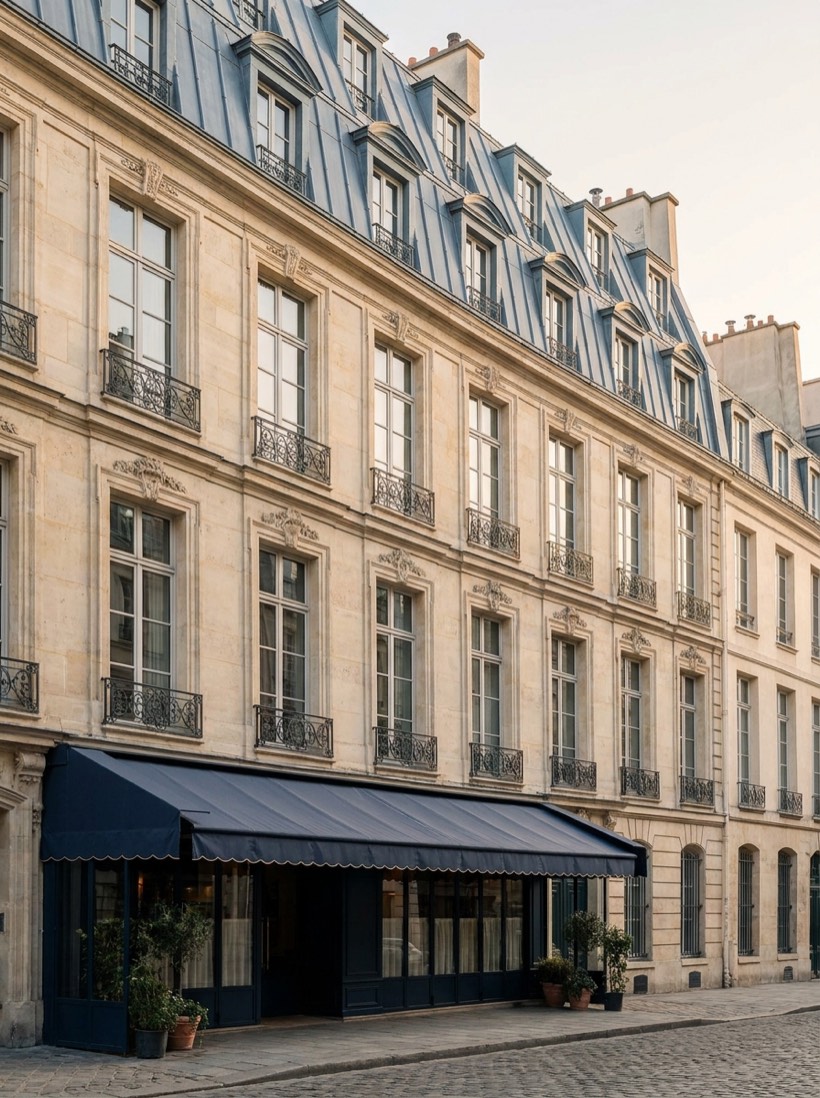 Façade haussmannienne à Saint-Germain-des-Prés — balcons en fer forgé et toit en zinc